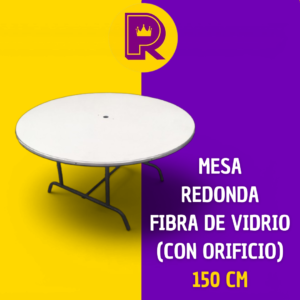 Mesa redonda de 150 cm diámetro cubierta de fibra de vidrio con orificio para sombrilla