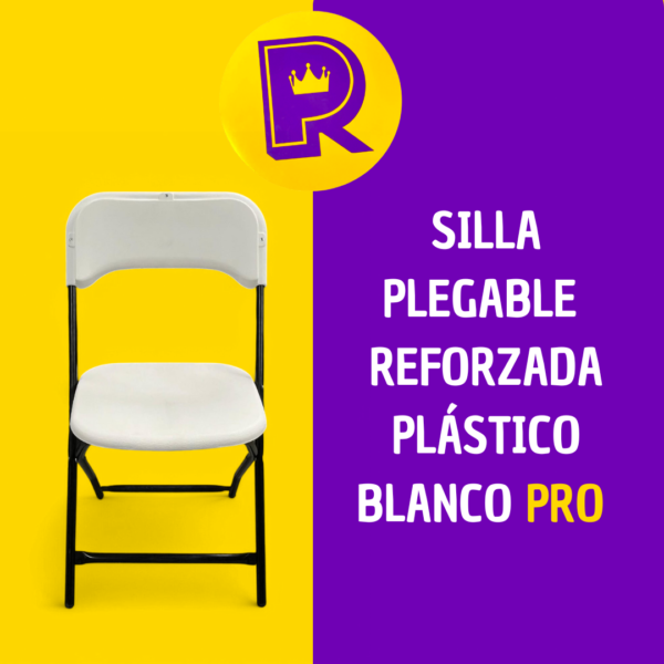 Silla plegable reforzada con asiento y respaldo en plástico blanco